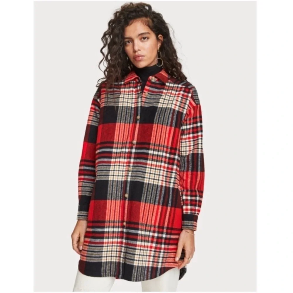 NEW Scotch & Soda Oversized Checked Overcoat Size XS Color Red Black - Picture 2 of 8